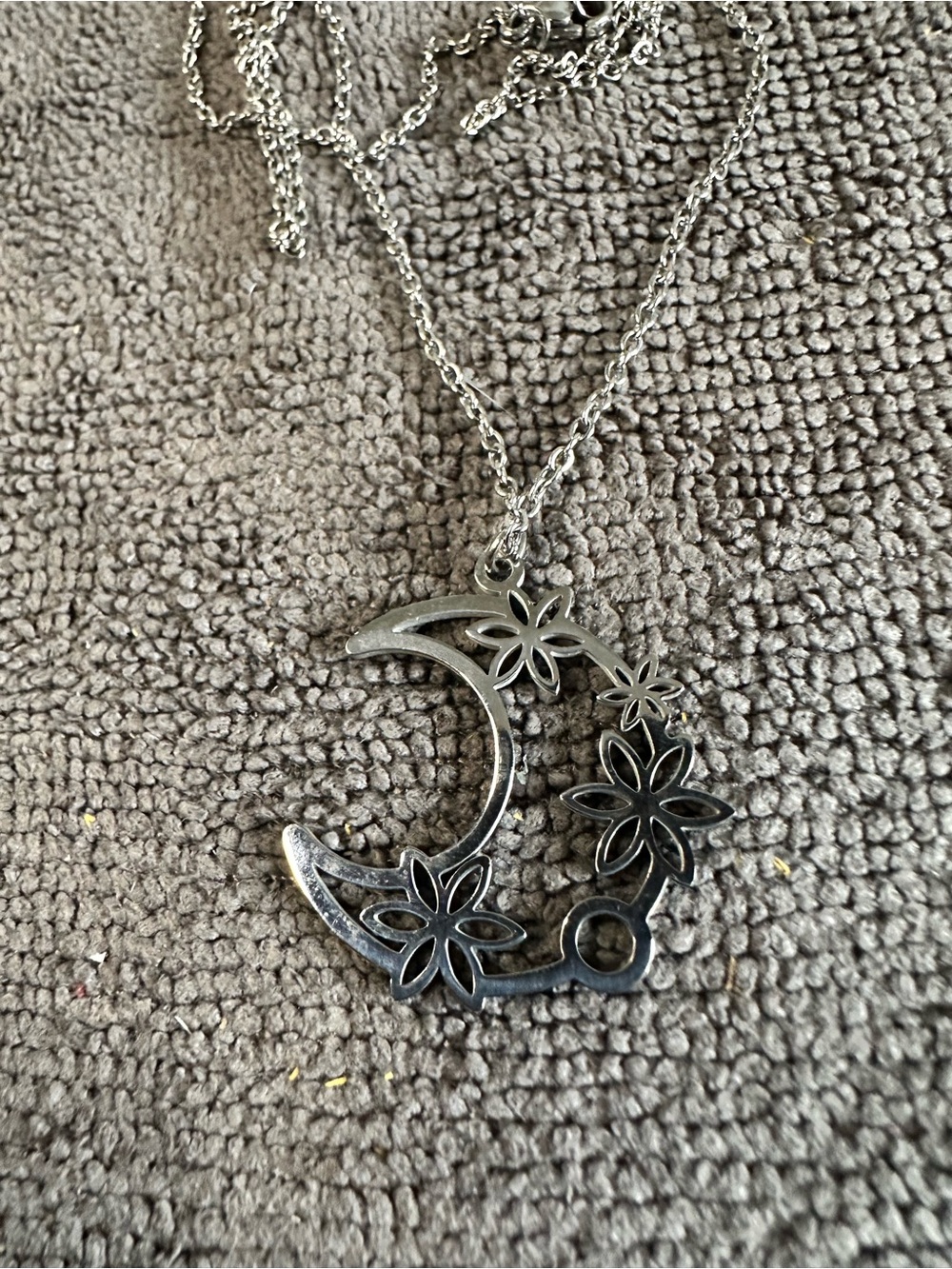 Silver Floral Crescent Moon Pendant Necklace